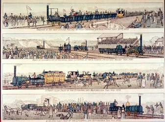 La inauguración del ferrocarril Stockton y Darlington, 1825; Carrera de locomotoras en Rainhill, cerca de Liverpool, ganada por el 